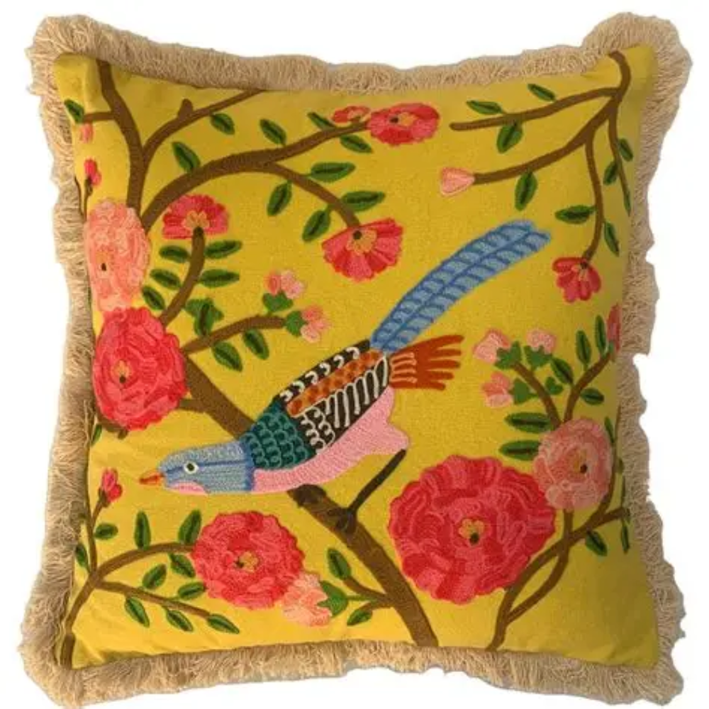 CUSHION Fringed Summer Birds Yellow