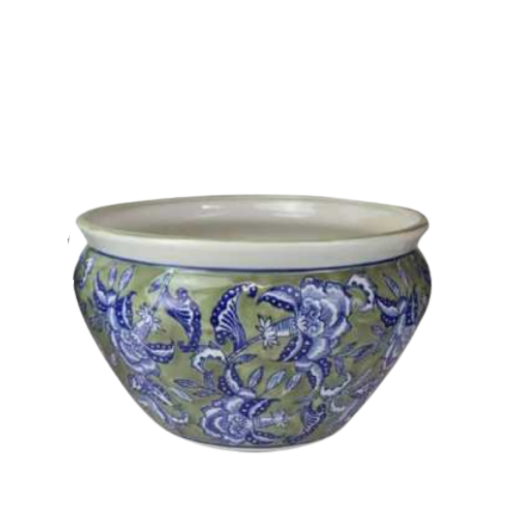 Sage Grey Floral Squat Planter w/saucer LG [Sz:Large]