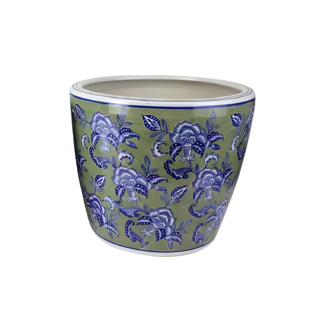 Sage Grey Floral Planter w/saucer LG [Sz:Large]