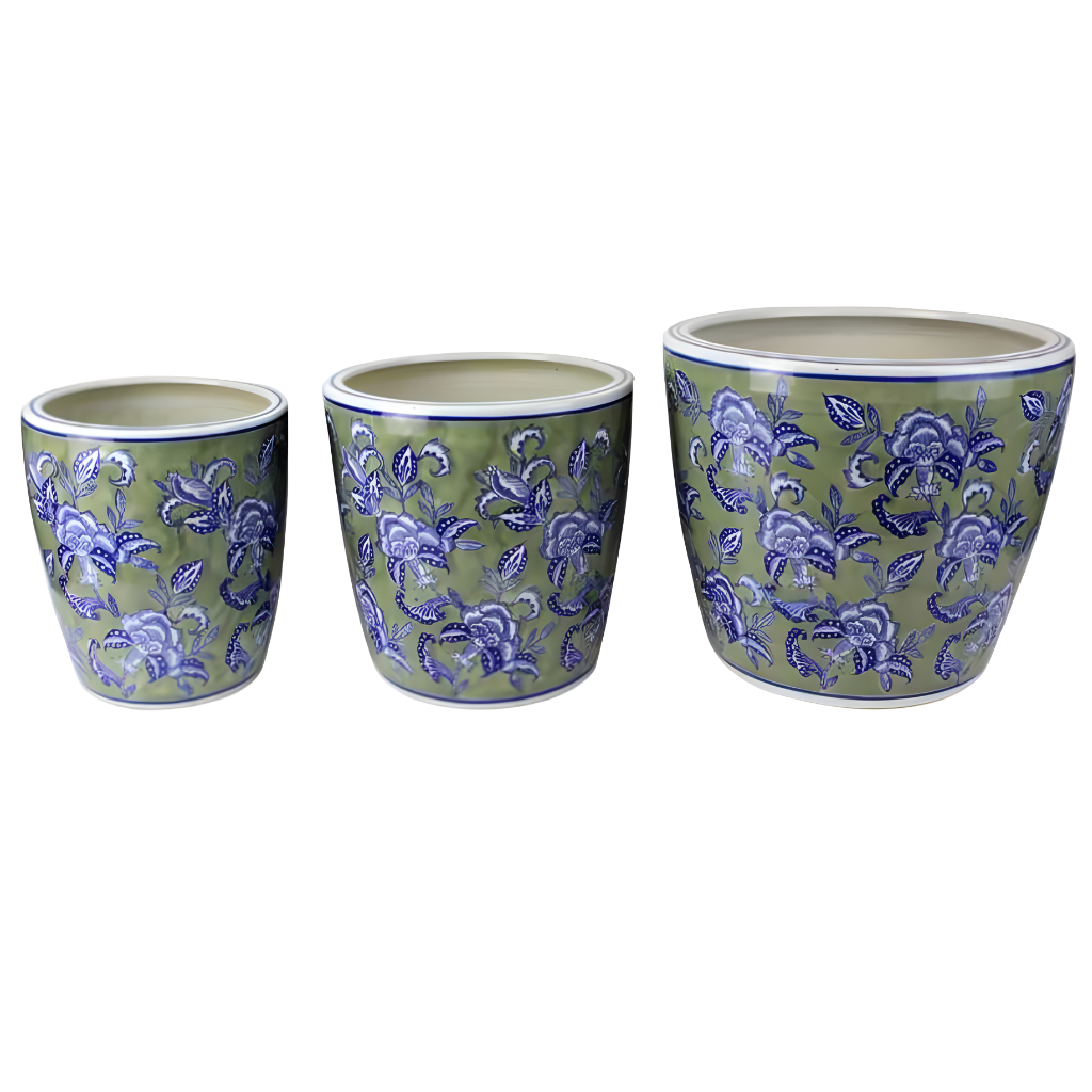 Sage Grey Floral Planter w/saucer LG [Sz:Large]